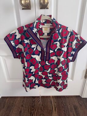 Emily McCarthy Floral Poppy Pullover in Navy, Cream & Bright Red